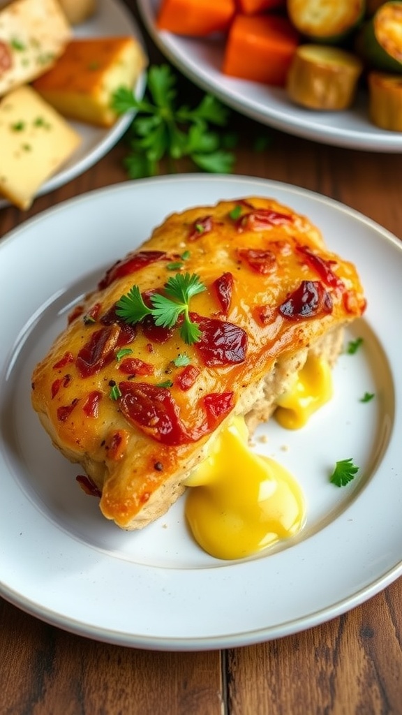 Juicy stuffed chicken breast filled with bacon and cheddar cheese, garnished with parsley and served with roasted vegetables.